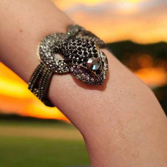 Vintage Rhinestone Snake Bangle Cuff Bracelet - Picture 1 of 7